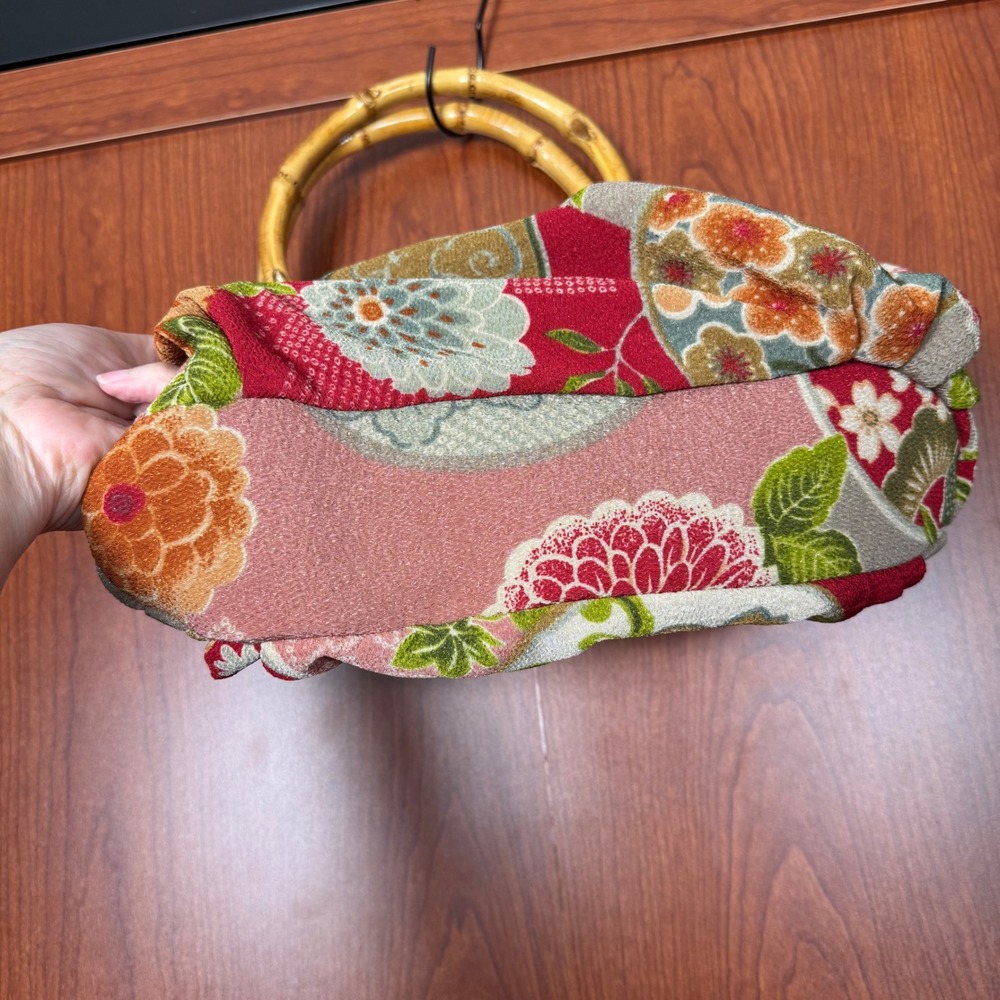 J Jill Vintage Style Floral Pleated Handbag w/Bamboo Ring Handles Boho Whimsical - Picture 7 of 16